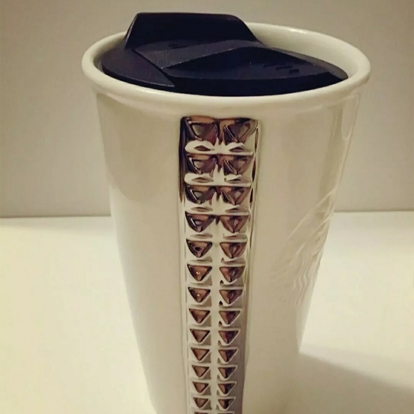 Starbucks White Ceramic Silver Metal Studded Double Wall Travel Coffee Tumbler